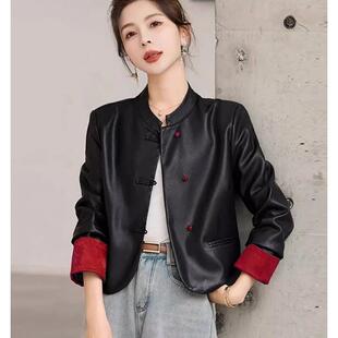 中国风设计气质修身 短款 显瘦皮夹克 皮衣外套女2025春秋新款 新中式