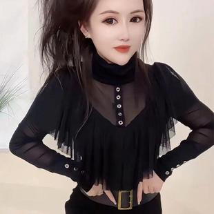 女士打底衫蕾丝拼接新款雪纺衫荷叶边泡泡袖飞子洋气后妈小衫