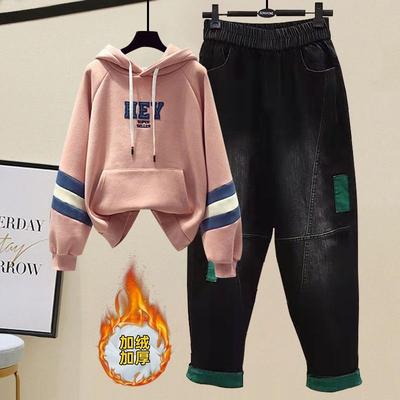 秋冬加绒加厚套装女时尚韩版休闲运动二件套洋气卫衣牛仔裤两件套