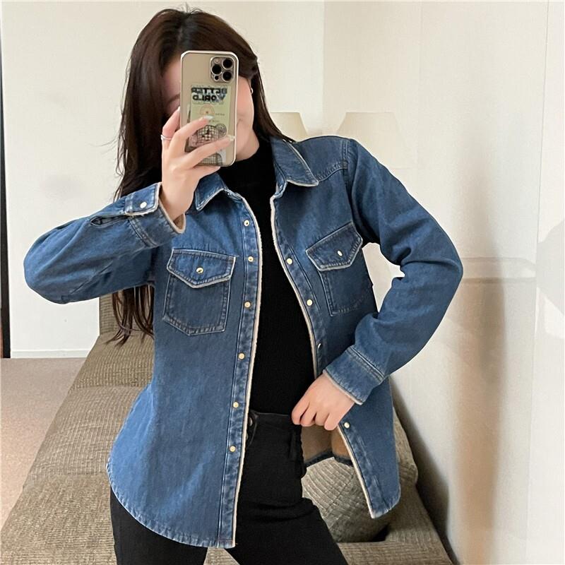 欧美加绒牛仔衬衫外套女秋冬新款长袖休闲打底衫时尚保暖加厚衬衣