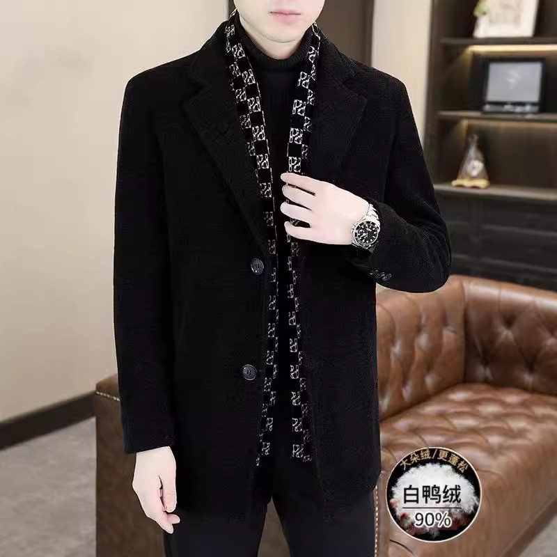 毛呢外套男中长款加厚羽绒呢子大衣男款冬季白鸭绒西装领男士风衣