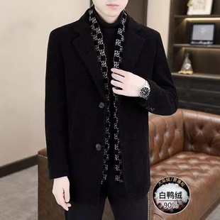 毛呢外套男中长款加厚羽绒呢子大衣男款冬季白鸭绒西装领男士风衣