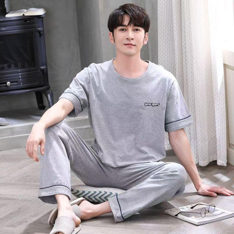 睡衣男士夏季纯棉短袖长裤青少年睡衣/家居服套装