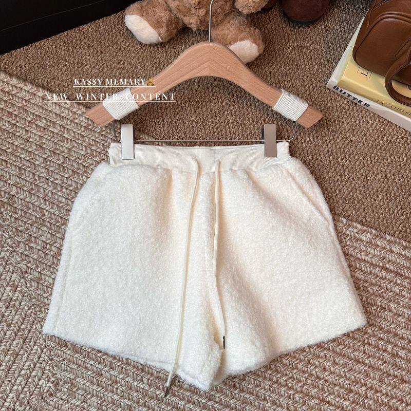 2025新款女羊羔毛休闲裤女秋冬抽绳显瘦裤子高腰直筒短裤a字热裤