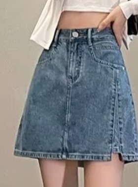 没有内衬新款蓝色牛仔短裙女2025夏季薄款高腰a字包臀半身裙女装
