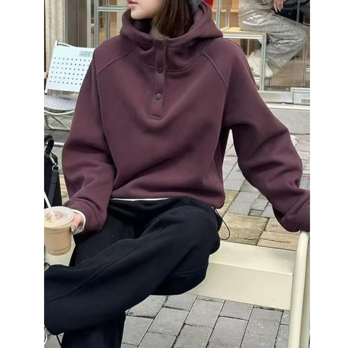 2025新款秋冬季纯棉半开领连帽加绒卫衣女秋冬季宽松长袖上衣女装