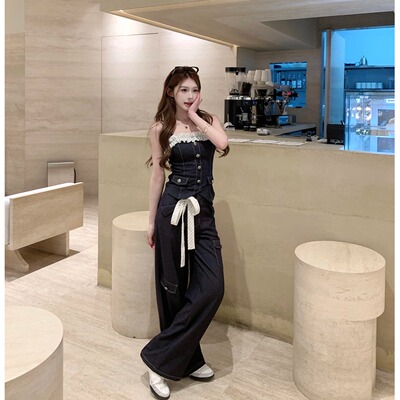 麻吉mochi蓝调时分荷叶边一字肩吊带上衣阔腿裤牛仔套装女春女装