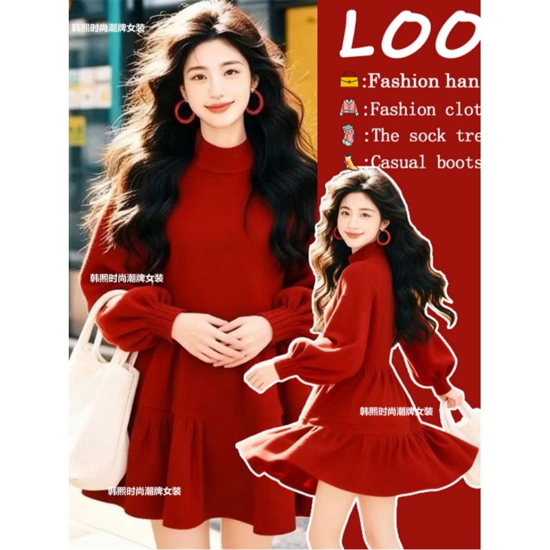 2025圣诞红新年红泡泡袖红色针织连衣裙秋冬季收腰A字蓬蓬娃娃裙