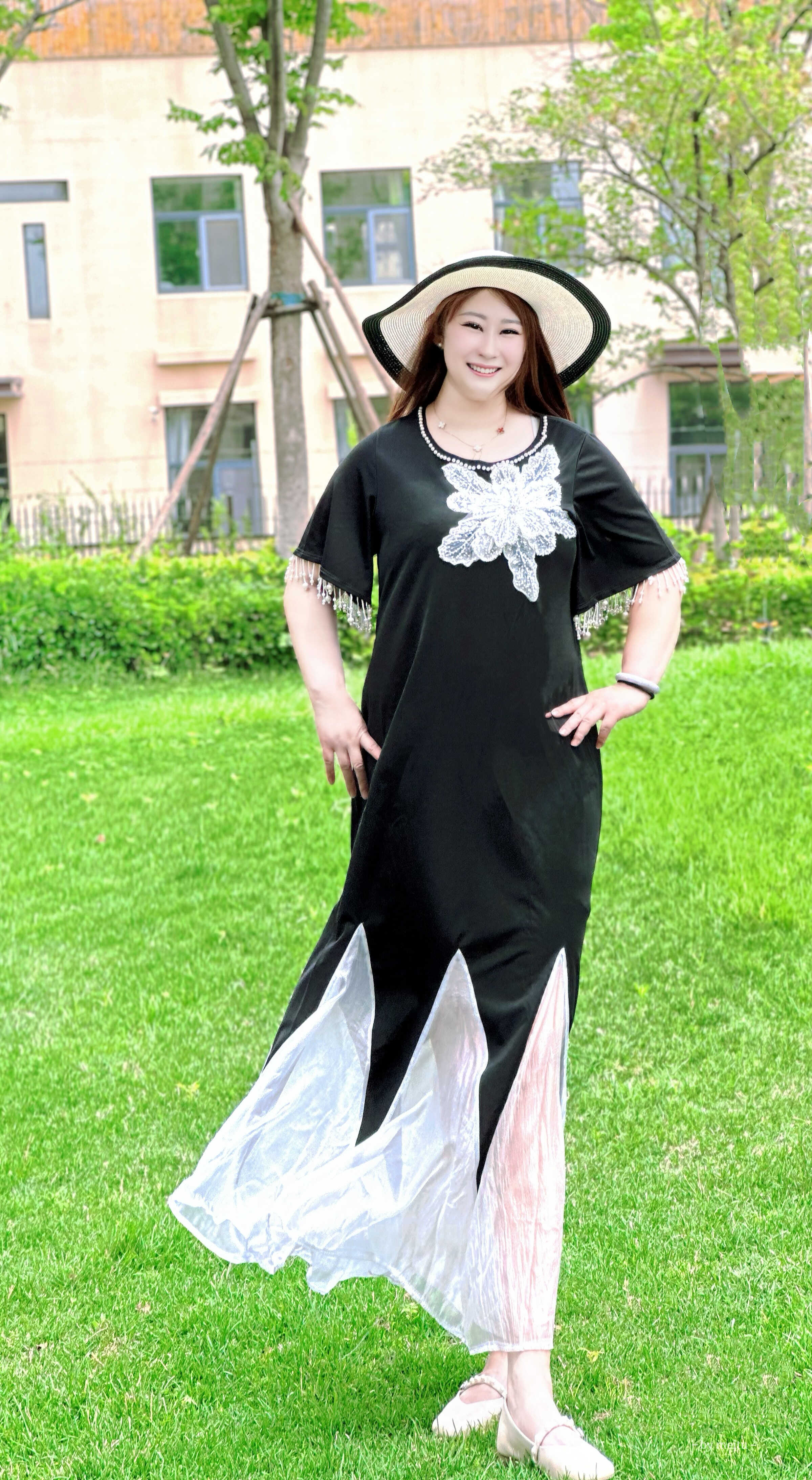 女夏宽松长裙网纱拼接新款法式