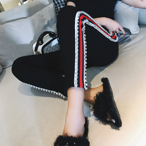 欧洲站重工镶钻竖条纹ins休闲裤