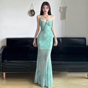浅绿色蝴蝶印花网纱吊带连衣裙女夏季 海边度假纯欲鱼尾包臀长裙子