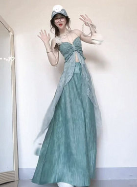 海边度假风夏日穿搭女不规则蕾丝拼接吊带长款上衣高腰阔腿裤套装