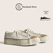 复古日系透气板鞋 厚底硫化小白鞋 男 PIPG做旧擦色头层牛皮帆布鞋