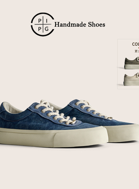 PIPG洗水牛仔高密度帆布鞋男士 美式复古厚底硫化鞋日系透气板鞋