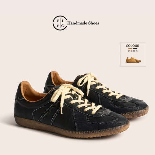 PIPG做旧洗水牛皮德训鞋女透气 擦色百搭平底休闲运动复古板鞋男