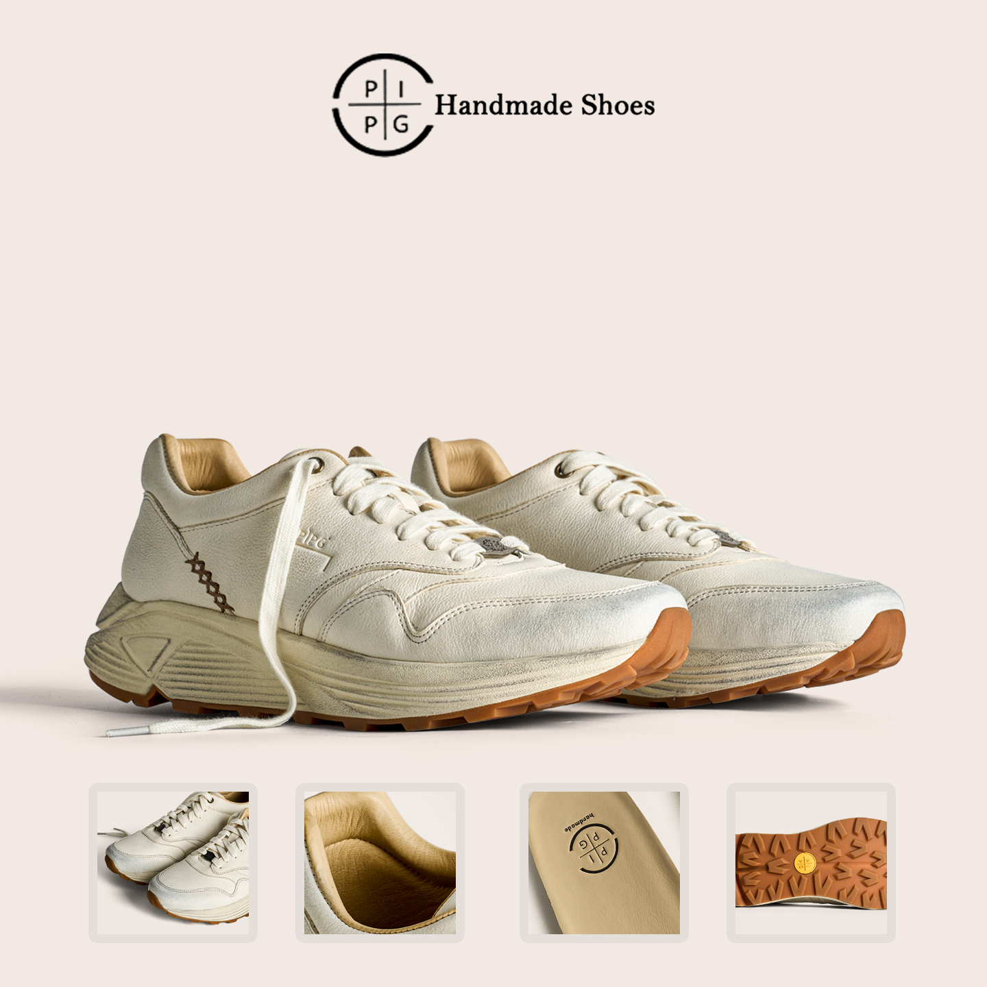 PIPG复古运动厚底老爹鞋男 做旧擦色小白鞋真皮透气增高休闲板鞋