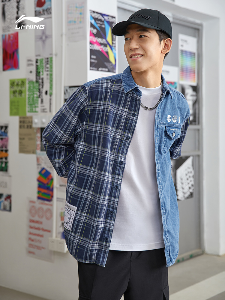 李宁男格子牛仔外套潮