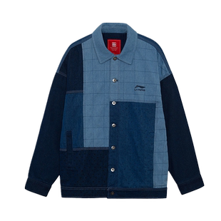 中国李宁秋新款牛仔外套水洗牛仔拼接翻领夹克运动服 AJDR445