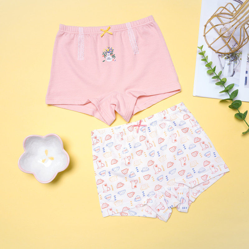 小松鼠洛洛儿童高品质柔软莫卡棉女童透气平角四角内裤2条装