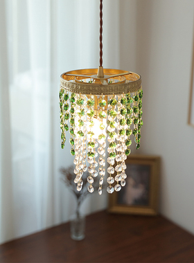美式复古清新绿色水晶珠串灯田园轻奢浪漫飘窗吧台单头黄铜吊灯