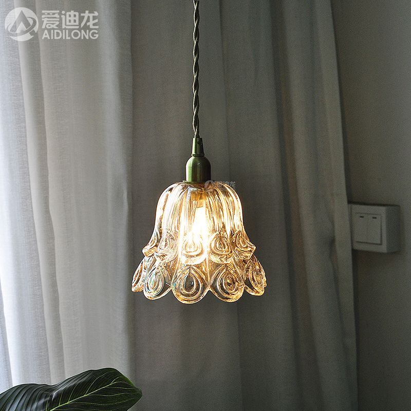 日式风玻璃黄铜床头过道小吊灯