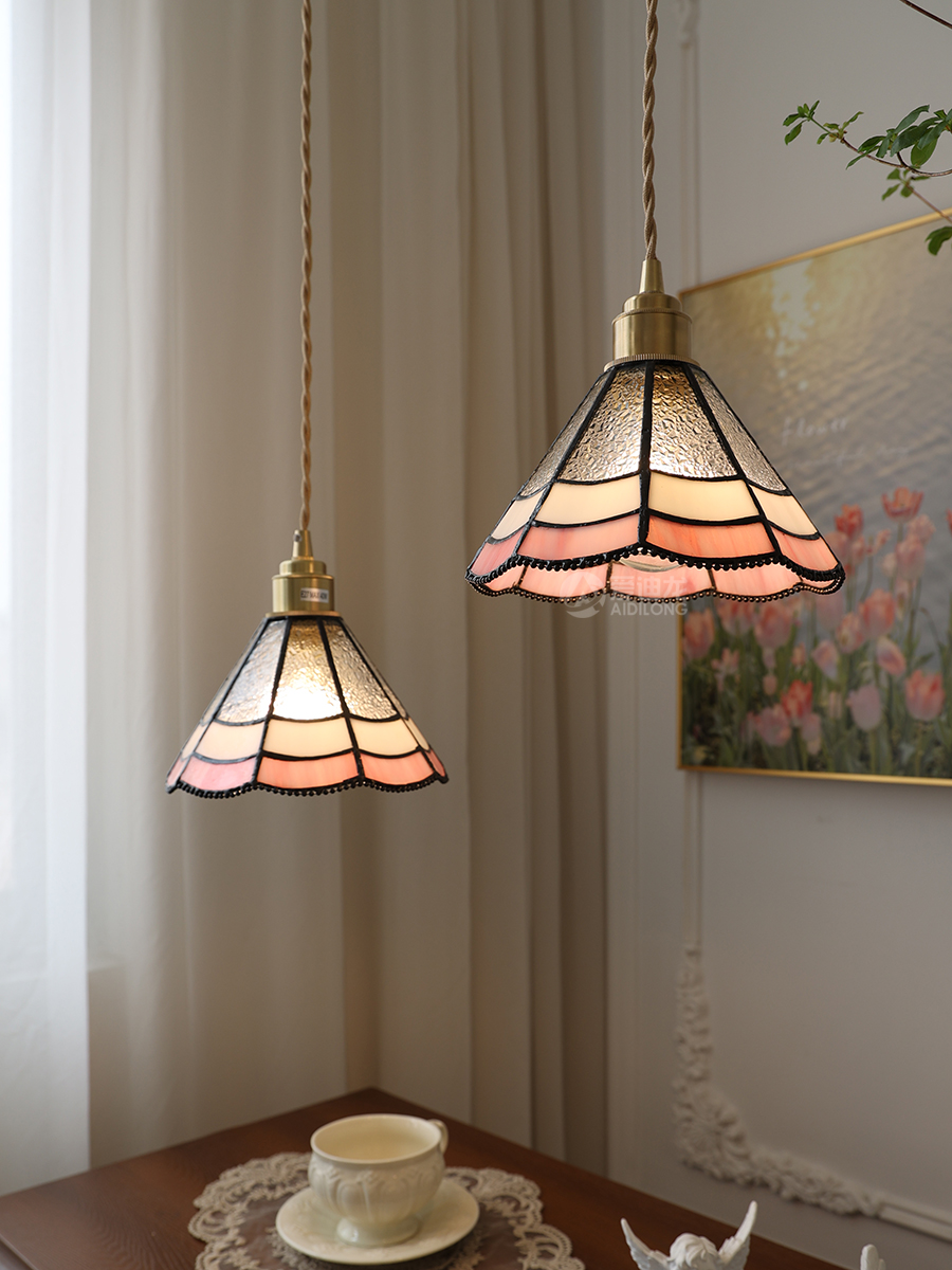 复古风黄铜吊灯飘窗阳台餐厅床头超仙粉红色花边玻璃装饰小吊灯