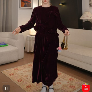 le rouge周美美 复古女伶浆果紫黑色手工蝴蝶结长袖丝绒连衣裙