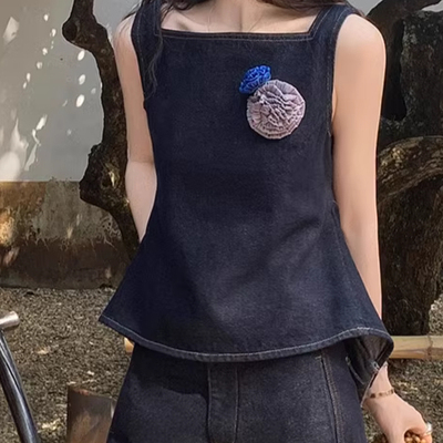 le rouge周美美 率性出街后背镂空绑带明线背心原色牛仔裤套装