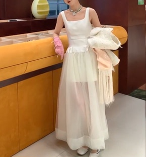 周美美同款  空灵女神氛围感仙女锦缎面网纱背心轻礼服连衣裙