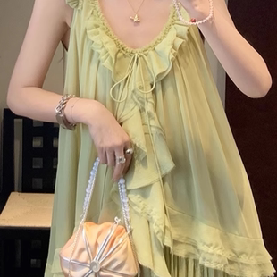 le rouge周美美 漫野绿意龙蒿绿繁复褶皱荷叶花边小飞袖连衣裙