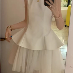 周美美同款 天鹅少女芭蕾氛围感黑白网纱拼接蓬蓬背心连衣裙