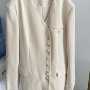 化繁为简天丝棉麻米白色高级无领西装 外套 rouge周美美