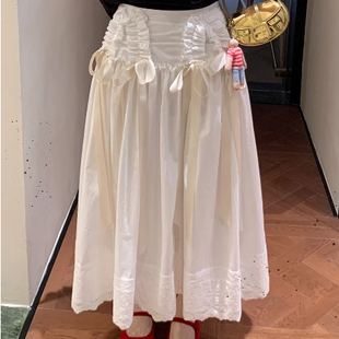 le rouge周美美 芭蕾韵律丝带蝴蝶结褶皱蕾丝花边白色半身裙