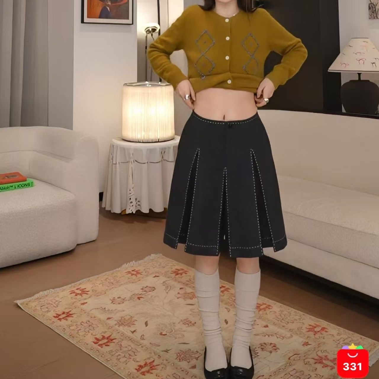 明线立体褶羊毛呢裙裤