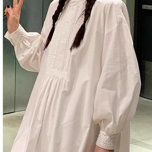 e rouge周美美 西西岛旅人拼接花边拉条灯笼袖衬衫娃娃连衣裙