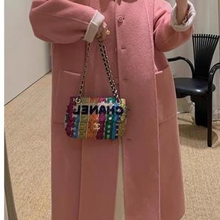 le rouge周美美 粉白色两面穿层次感双门襟围巾全羊毛双面呢大衣