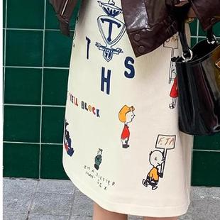 le rouge周美美 New vintage卡通杏色灯芯绒定位印花直筒半身裙