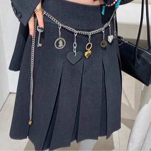 周美美同款 私服收藏经典简约深灰黑白格百褶中长半身裙腰链