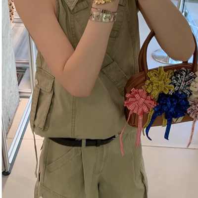 le rouge周美美 Girls modernV领结构工装背心立体口袋五分裤套装