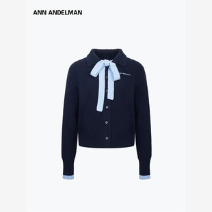 ANN ANDELMAN官方直营秋冬毛衣女修身翻领系带撞色毛织开衫外套