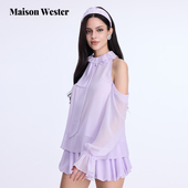 新款 Maison Wester2025夏季 紫色高级雪纺轻盈感荷叶领露肩上衣