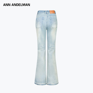 ANN ANDELMAN满天星烫钻复古水洗牛仔裤蓝色高腰紧身微喇休闲长裤