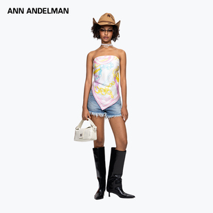 ANN ANDELMAN官方直营 花体烫钻牛仔短裤女夏高腰a字显瘦毛边热裤