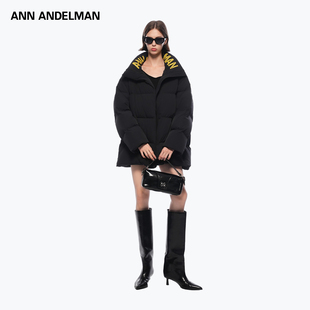 ANN ANDELMAN官方直营黄黑印花中长款羽绒服冬季加厚保暖连帽外套
