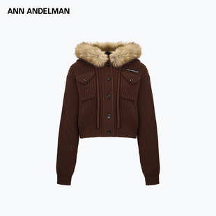ANN ANDELMAN慵懒风毛领外套连帽针织开衫棕色复古百搭宽松毛衣