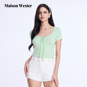 Maison 可露丽穿搭 绿色长带蝴蝶结心形领半袖 Wester2025夏季 新款