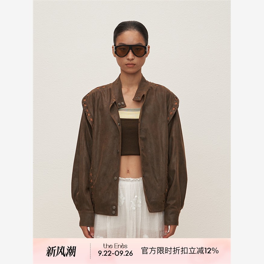 The enes boutique嬉皮式洗水落色擦色做旧皮夹克女复古皮衣外套