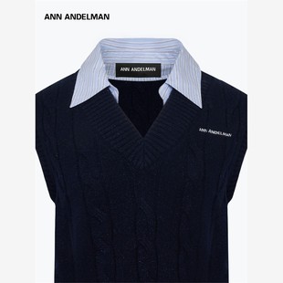 ANN ANDELMAN官方直营 毛衣女秋冬学院风扭花宽松拼接领针织背心