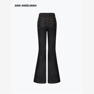 ANN ANDELMAN微喇牛仔裤女秋冬水洗修身裤子深黑色覆古撞线喇叭裤