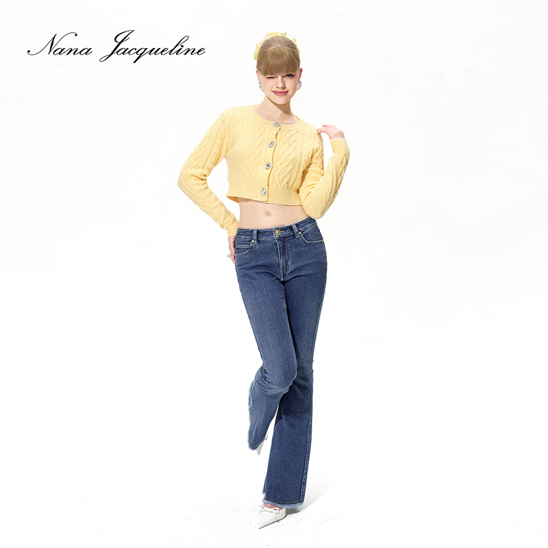 NanaJacqueline2025春季新款活力嫩黄色钻扣绞花长袖针织衫开衫女